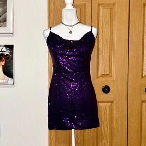 Lucy In The Sky Mini Dress Womens M Purple Sequin Spaghetti Strap Cocktail Party